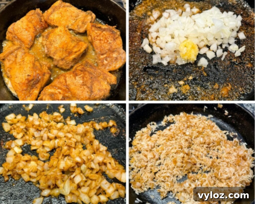 collage of 4 photos with raw marinated chicken in a skillet with diced onions