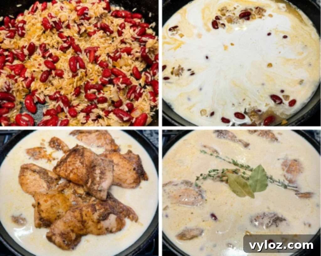 uncooked jerk chicken and rice in a cast iron skillet