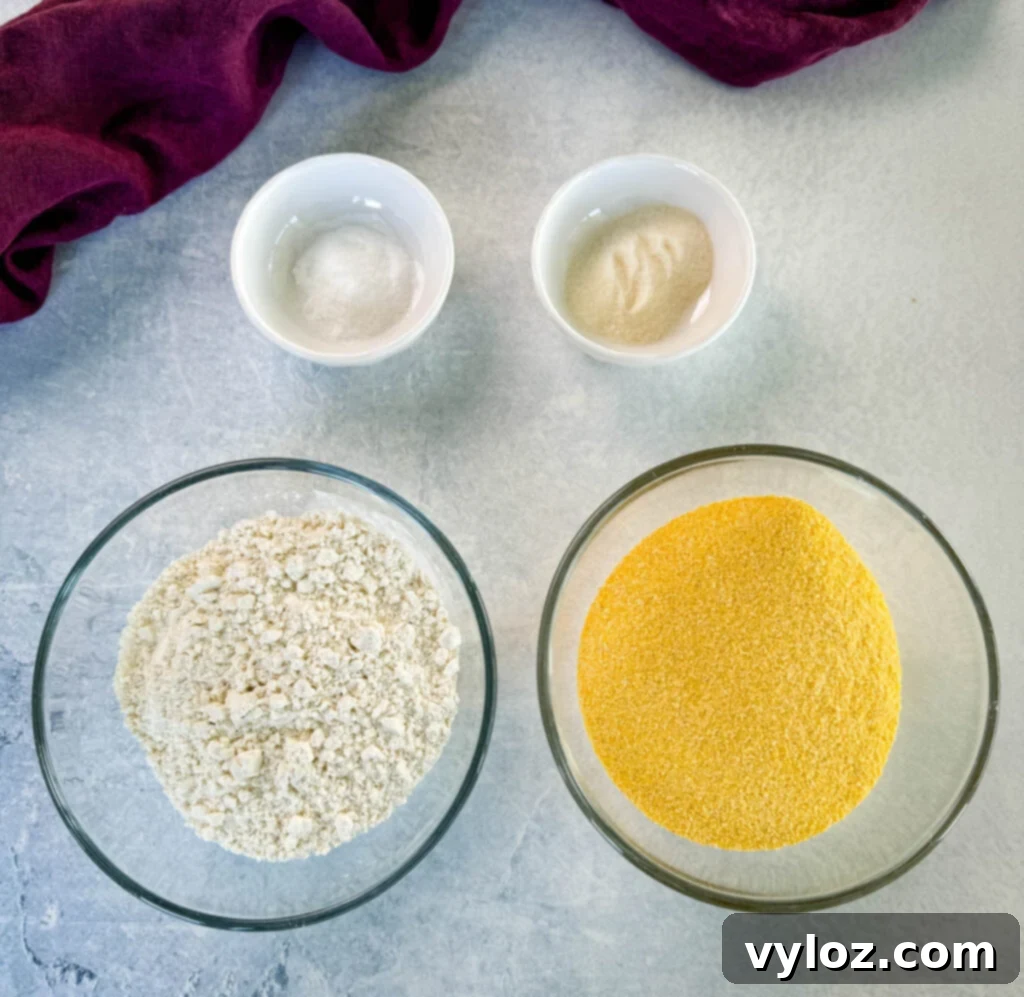 Crispy Golden Fried Cornbread 3 self rising flour, cornmeal, baking powder, sweetener, and salt in separate bowls