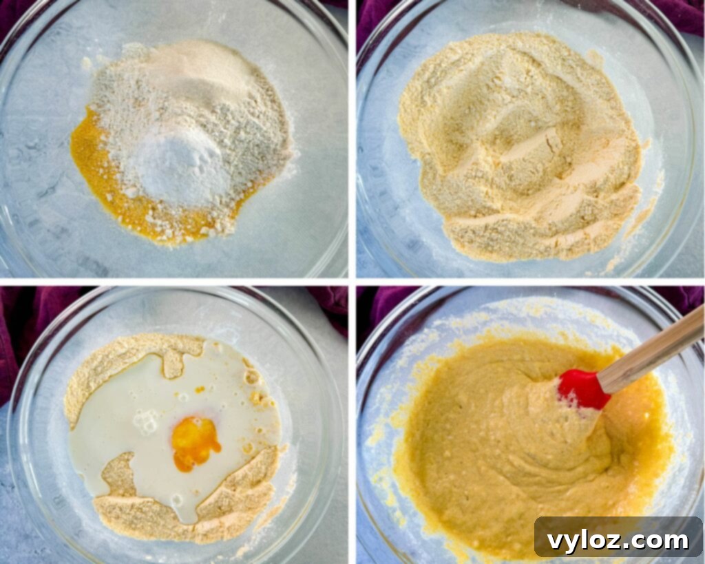 Crispy Golden Fried Cornbread 5 collage of 4 photos with cornmeal, flour, buttermilk, and egg in a glass mixing bowl to create fried cornbread batter
