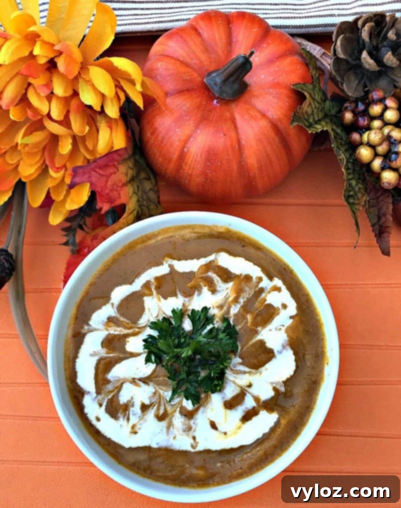 Overhead shot of Instant Pot Pumpkin Spice and Sweet Potato Soup with rustic fall elements