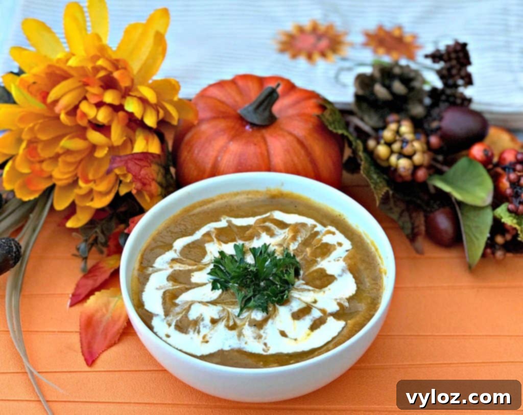 A bowl of Instant Pot Pumpkin Spice and Sweet Potato Soup with a spoon, highlighting its smooth texture