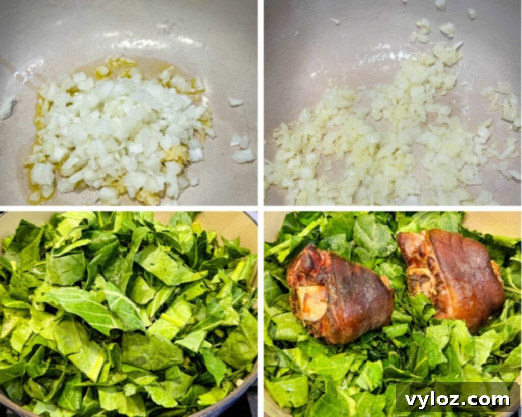collage of 4 photos with diced onions, garlic, collard greens, and ham hocks in a pot