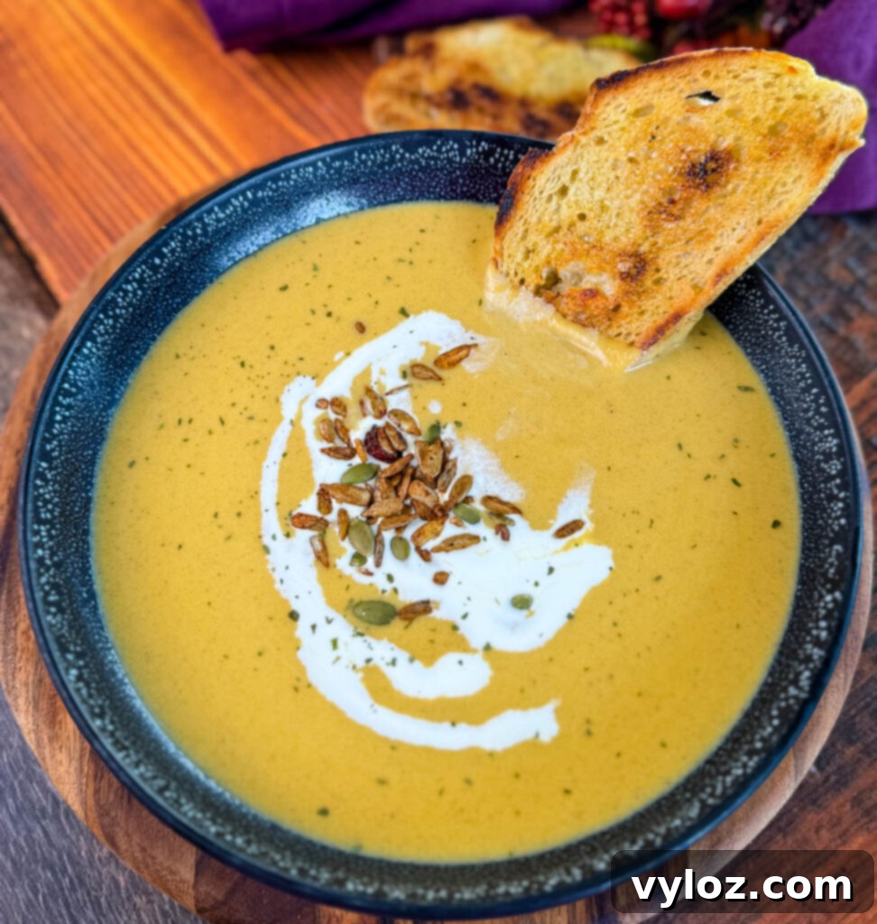 Creamy butternut squash soup in a bowl with cream, nuts, and toasted bread as garnish