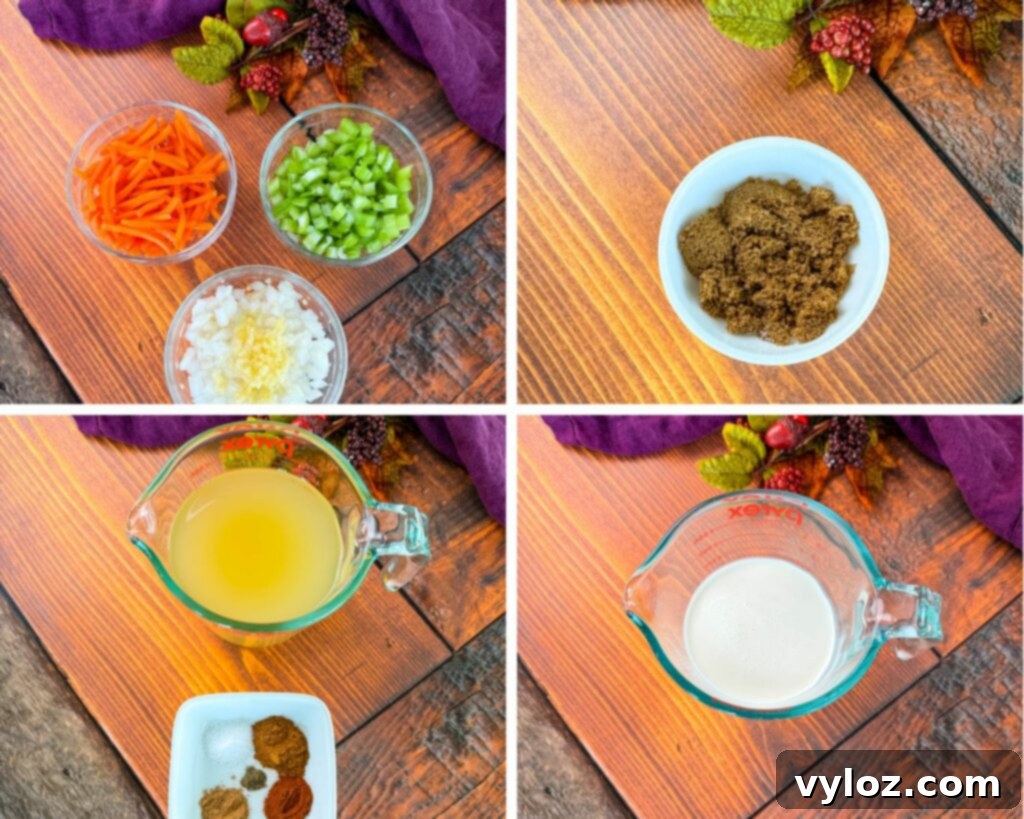 Diced carrots, celery, onions, butternut squash, broth, spices, and brown sugar in separate bowls, ready for cooking.