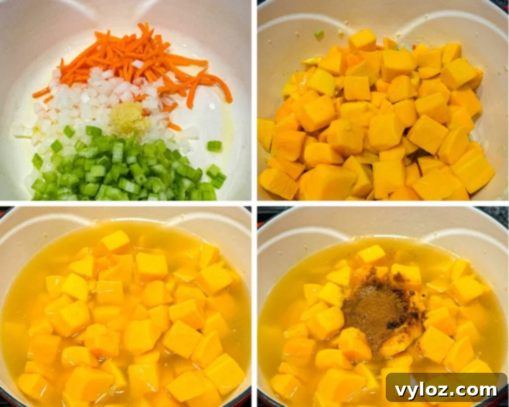 Collage of 4 photos showing diced carrots, celery, onions, garlic, butternut squash, and broth cooking in a Dutch oven