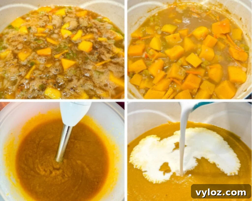 Collage of 4 photos depicting butternut squash soup in a Dutch oven, blended with a hand blender and drizzled with heavy whipping cream