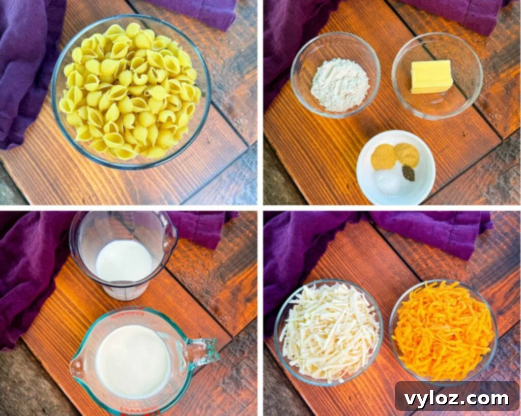 A vibrant collage of stovetop mac and cheese ingredients including shells pasta, butter, flour, garlic powder, onion powder, heavy cream, milk, and freshly grated cheddar cheese