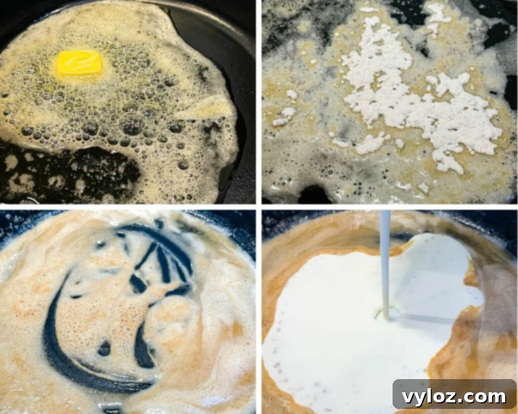 A progression collage showing butter melting, flour being added, milk, and heavy cream combining in a cast iron skillet to form a smooth roux, the base of the mac and cheese sauce