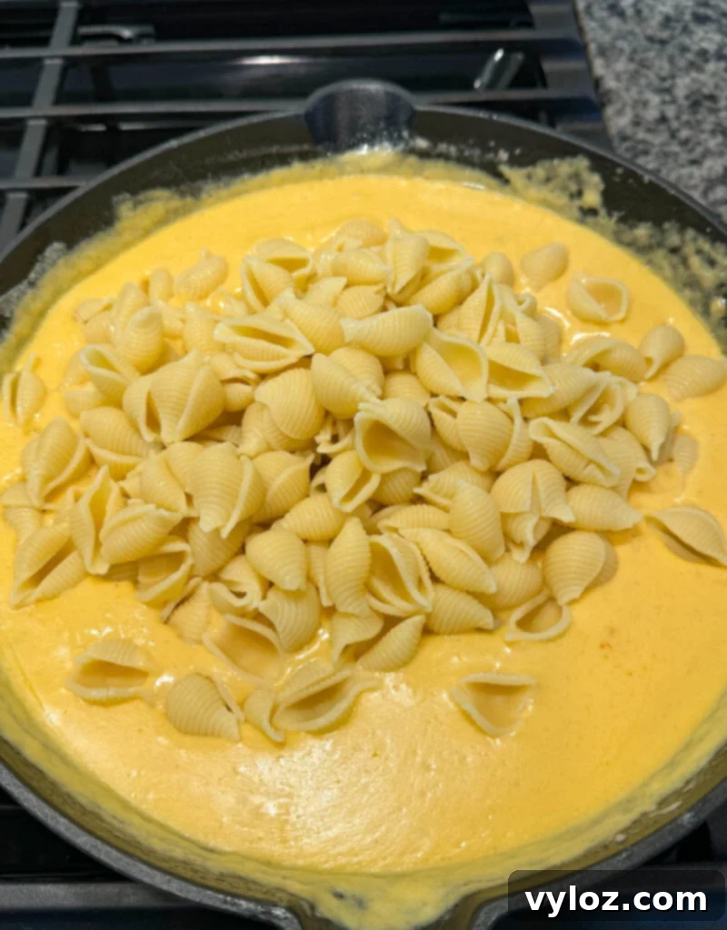 Cooked shells pasta being gently folded into a rich, creamy cheese sauce in a cast iron skillet, illustrating the final steps of making stovetop mac and cheese