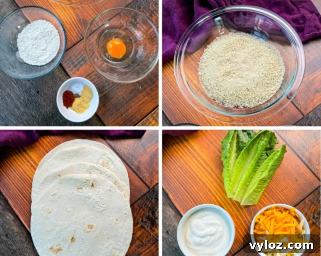 Homemade Chicken Snack Wraps 3 A collage of ingredients for chicken snack wraps: flour, spices, breadcrumbs, egg, tortillas, lettuce, shredded cheese, and ranch dressing, each in separate bowls.