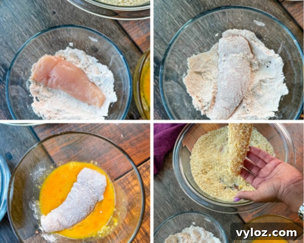 Homemade Chicken Snack Wraps 5 A collage of four photos demonstrating the breading process for chicken: raw chicken being coated in flour, then dipped in beaten egg, and finally covered in breadcrumbs.