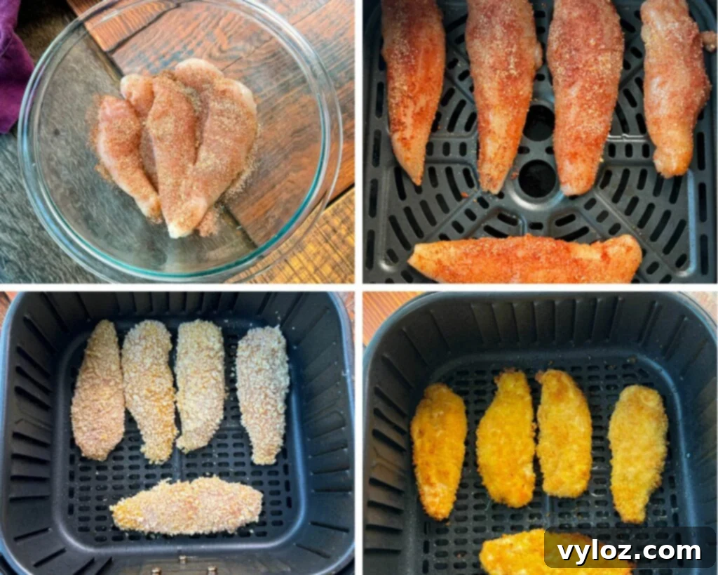 Homemade Chicken Snack Wraps 6 A collage of four photos showing seasoned and breaded raw chicken tenders placed inside an air fryer basket, ready for cooking.