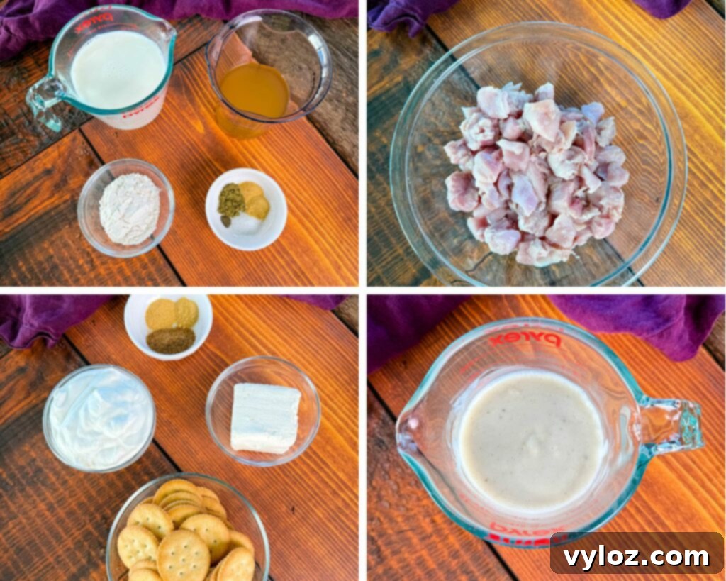 Million Dollar Chicken Bake 3 collage of 4 photos with milk, broth, sour cream, Ritz crackers, cream cheese, cream of chicken soup, and raw diced chicken in a glass bowl
