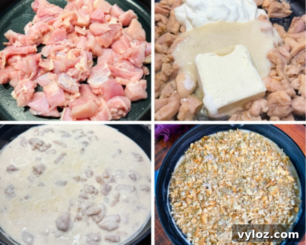 Million Dollar Chicken Bake 4 collage of 4 photos with raw chicken, cream cheese, cream of chicken soup, sour cream, and Ritz crackers in a cast iron skillet