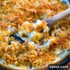 Million Dollar Chicken Bake 10 million dollar chicken casserole in a cast iron skillet with a wooden spoon