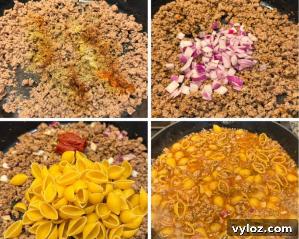 collage of 4 photos with cooked ground beef, spices, uncooked shells pasta with tomato space and ground beef in a cast iron skillet