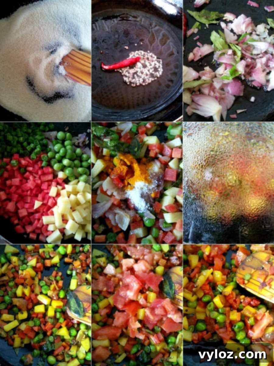 Perfectly Fluffy Sooji Upma 3 Sauteining the spices and vegetables for rava upma