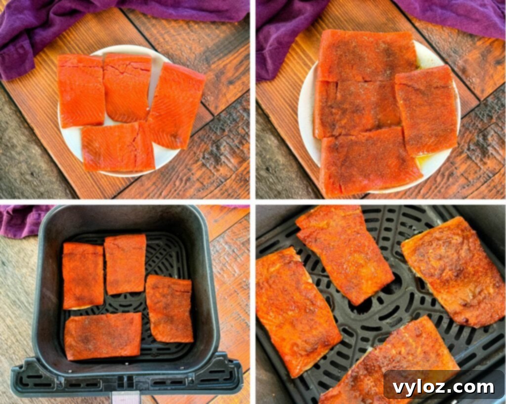 a collage of 4 photos with raw salmon seasoned on a plate and salmon in an air fryer