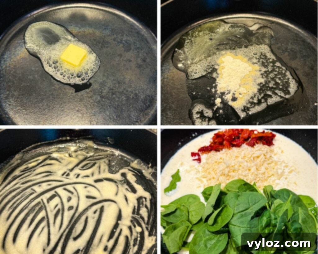 collage of 4 photos with melted butter, flour, cream, sundried tomatoes, and spinach in a skillet