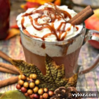 Skinny Copy-Cat Starbucks Caramel Apple Cider in a glass mug with fall decor surrounding the mug