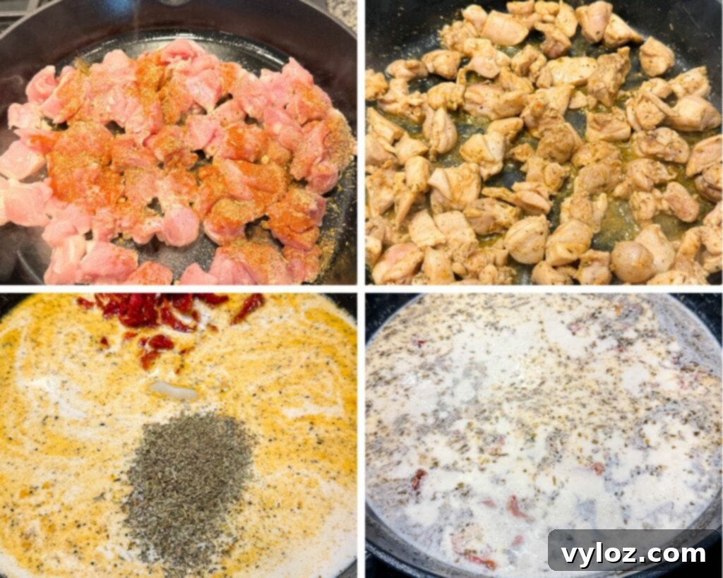 Proposal-Perfect Chicken Pasta 4 collage of 4 photos with raw and cooked chicken in a pan along with heavy cream, broth, and grated Parmesan cheese in a pan