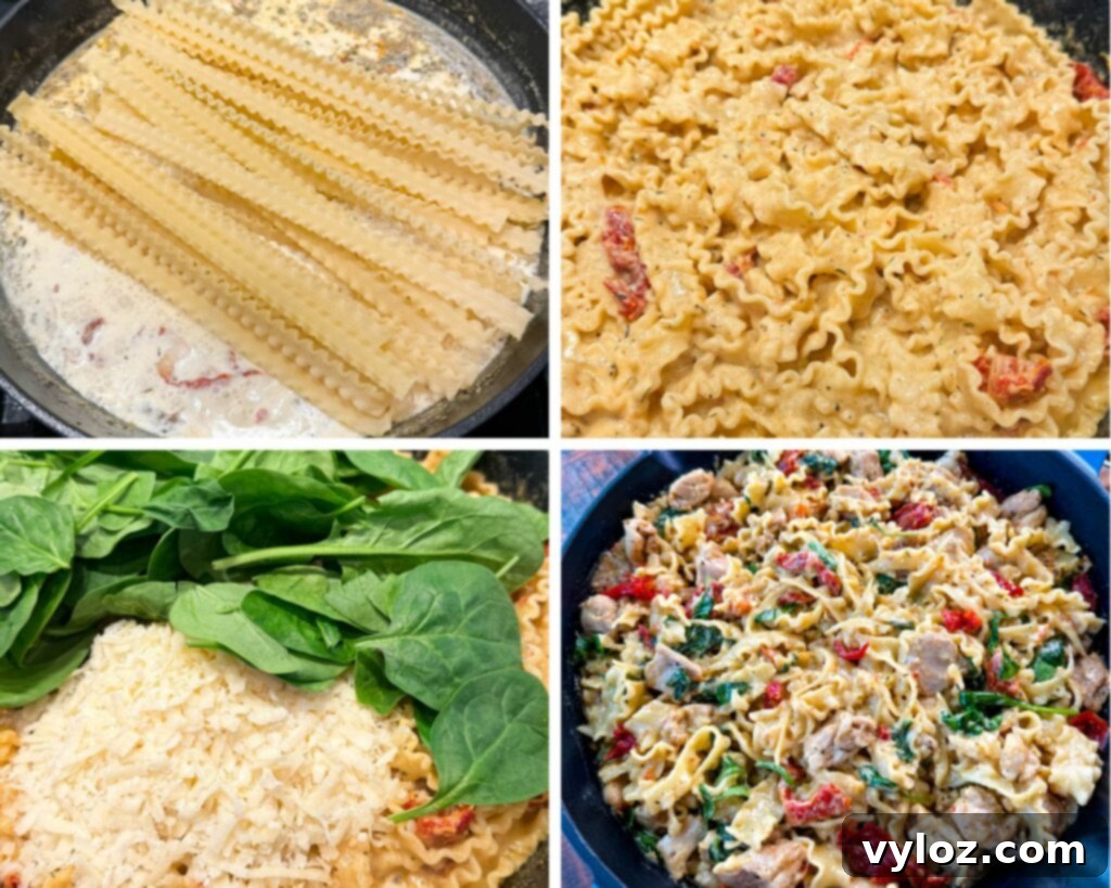 Proposal-Perfect Chicken Pasta 5 colllage of 4 photos with uncooked pasta and cream sauce with spinach, sundried tomatoes, and Parmesan reggiano cheese in a cast iron skillet