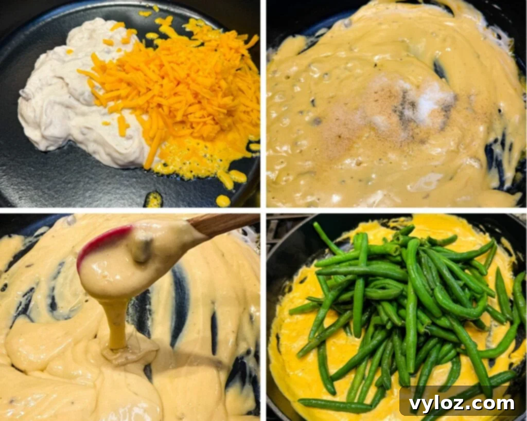 Creamy Green Bean Delight 9 collage of 4 photos with homemade creamed soup, cheddar cheese, and green beans in a skillet