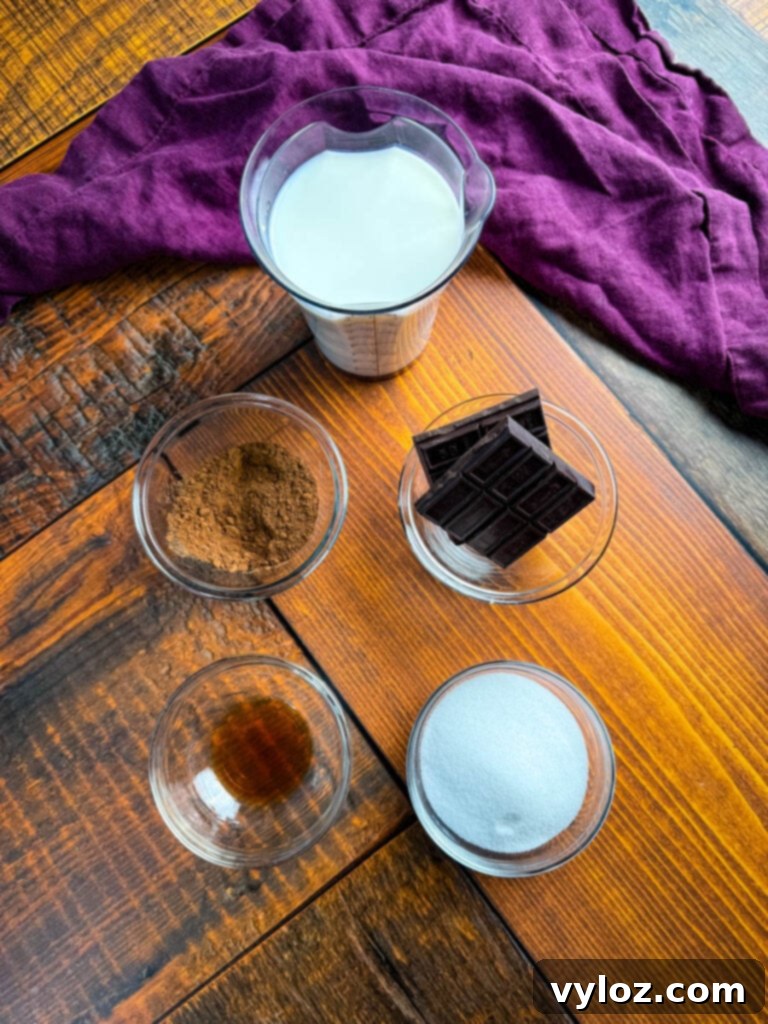 An overhead shot showcasing the key ingredients for slow cooker hot chocolate: milk, cocoa powder, chocolate, vanilla extract, and sugar, neatly arranged on a flat surface.