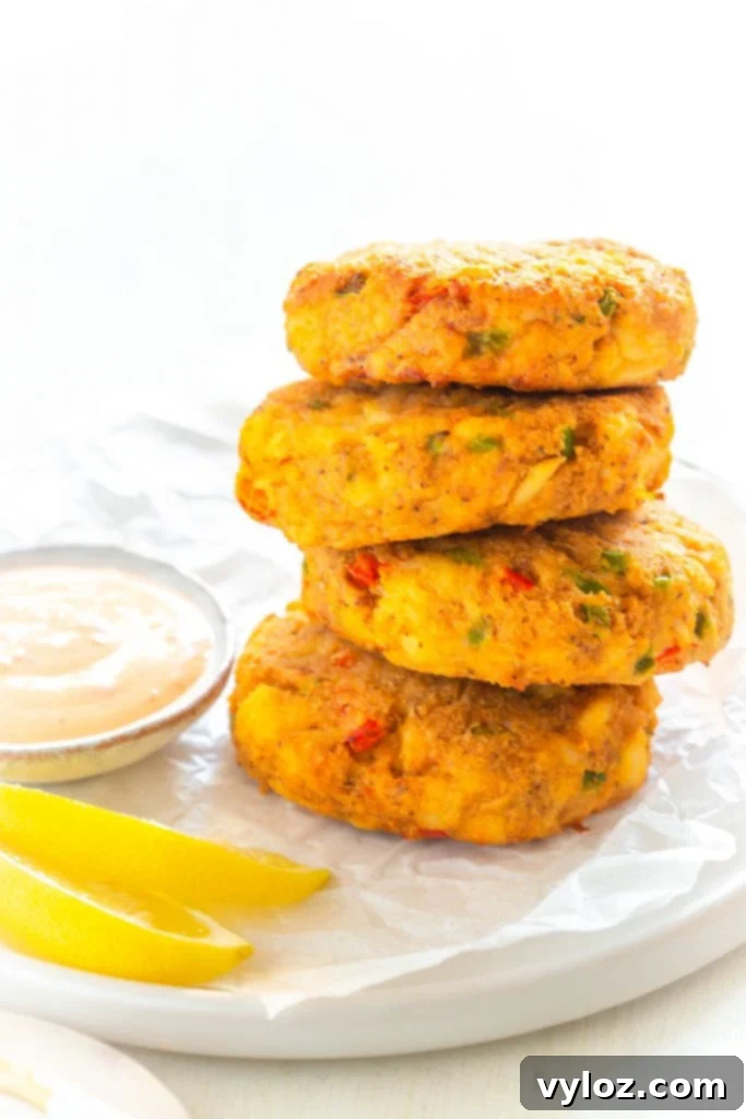 Quick and Crispy Air Fryer Crab Cakes 2 Golden brown air fryer crab cakes served on a white plate with fresh lemon wedges and a sprinkle of parsley