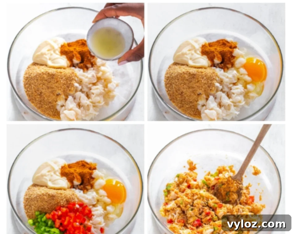 Quick and Crispy Air Fryer Crab Cakes 5 A collage showing the preparation of crab cakes: a glass bowl with mixed lump crab, green peppers, red peppers, mayonnaise, and Old Bay seasoning