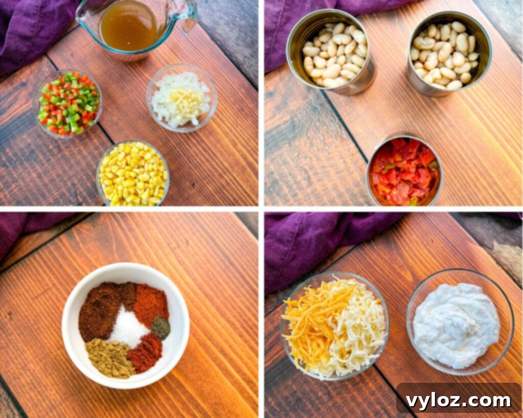 Protein-Packed Chicken Chili 3 collage of 4 photos with diced peppers, onions, garlic, bone broth, corn, chili seasoning, canned white beans, canned tomatoes, grated cheese, and plain Greek yogurt in separate bowls