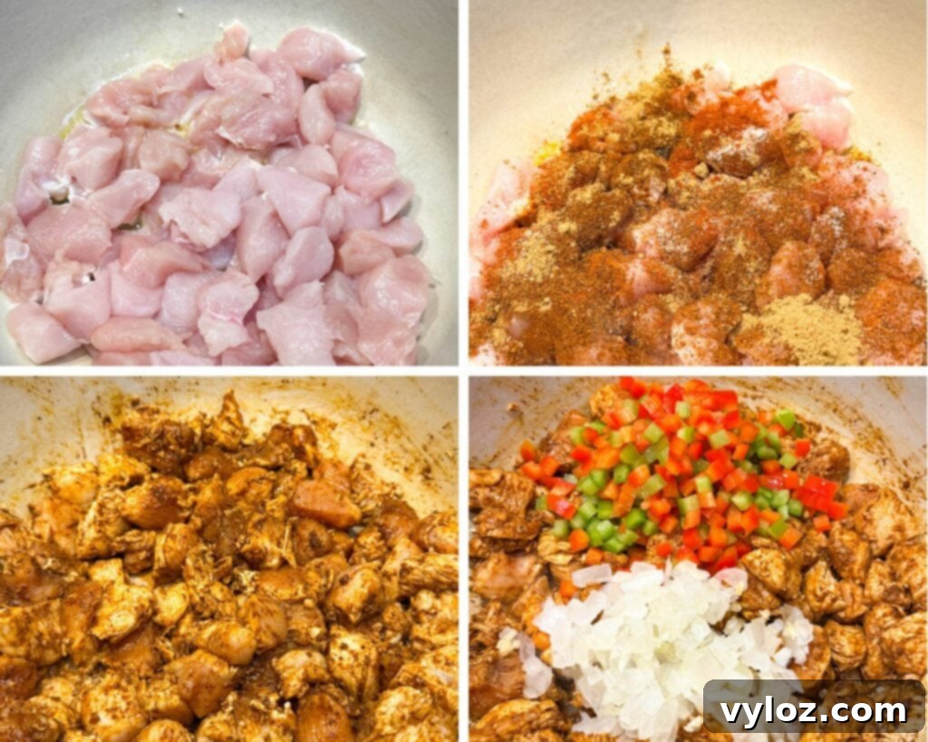 Protein-Packed Chicken Chili 5 collage of 4 photos with raw diced chicken, onions, and bell peppers in a pot.