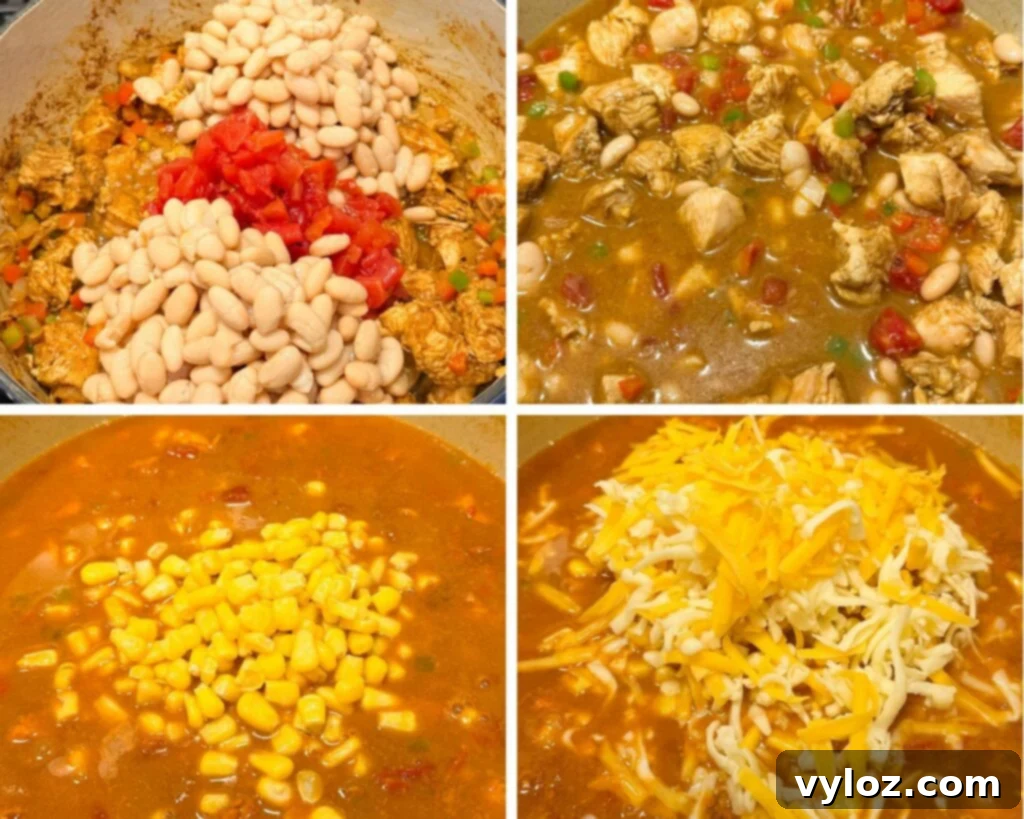 Protein-Packed Chicken Chili 6 collage of 4 photos with uncooked chicken chili in a pot