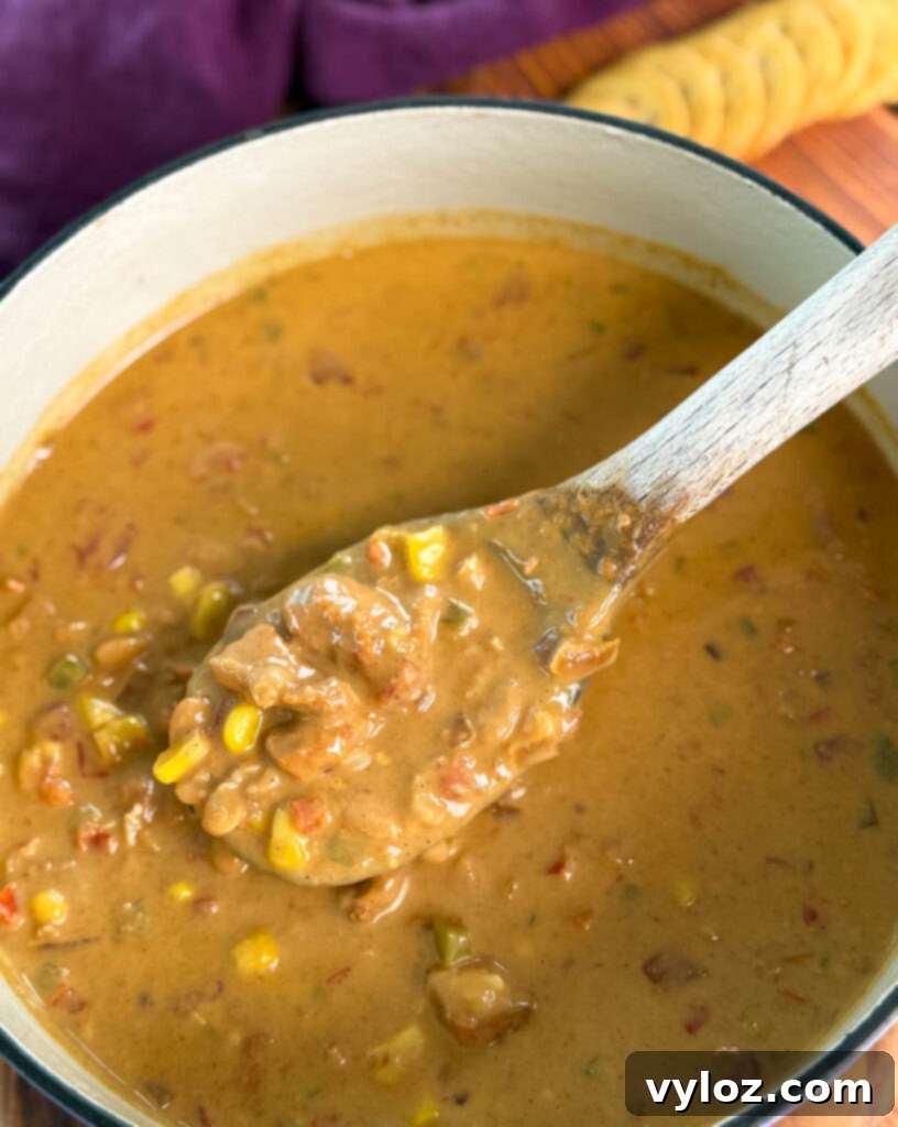 Protein-Packed Chicken Chili 8 high protein chicken chili in a pot with a wooden spoon