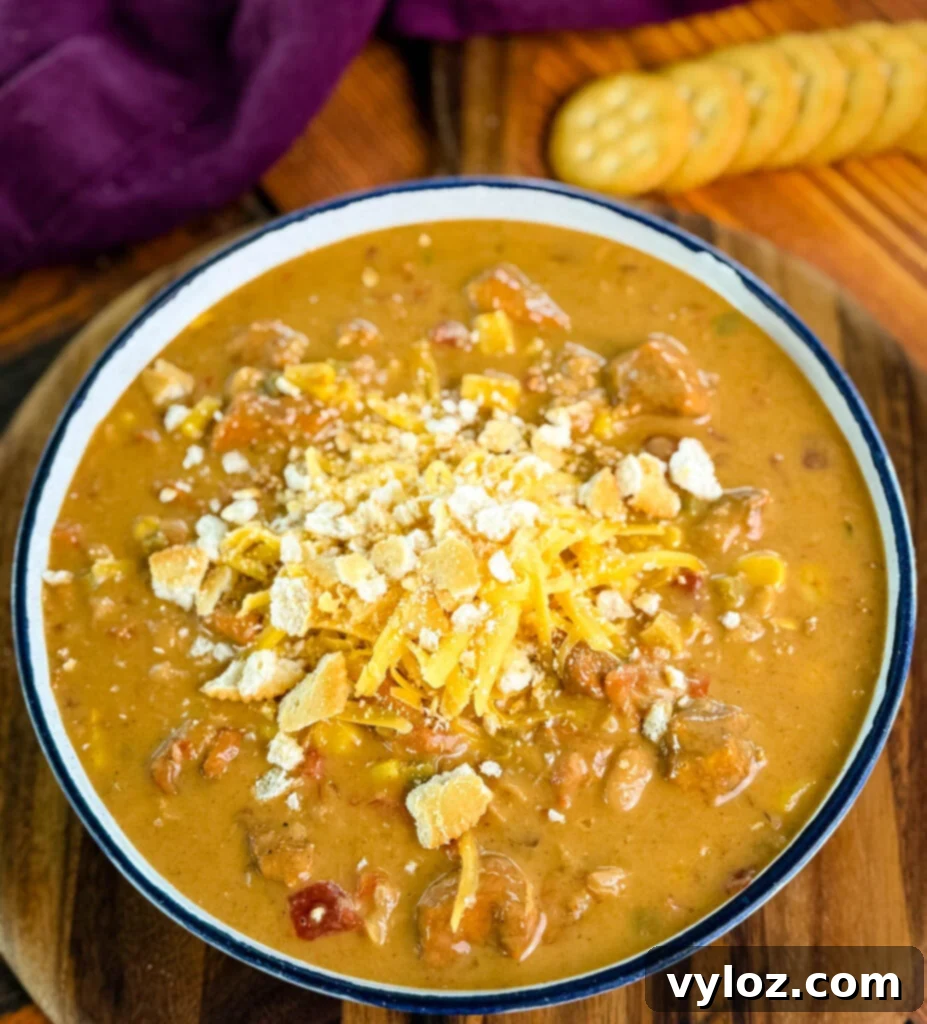 Protein-Packed Chicken Chili 10 high protein chicken chili in a white bowl with crackers and a spoon