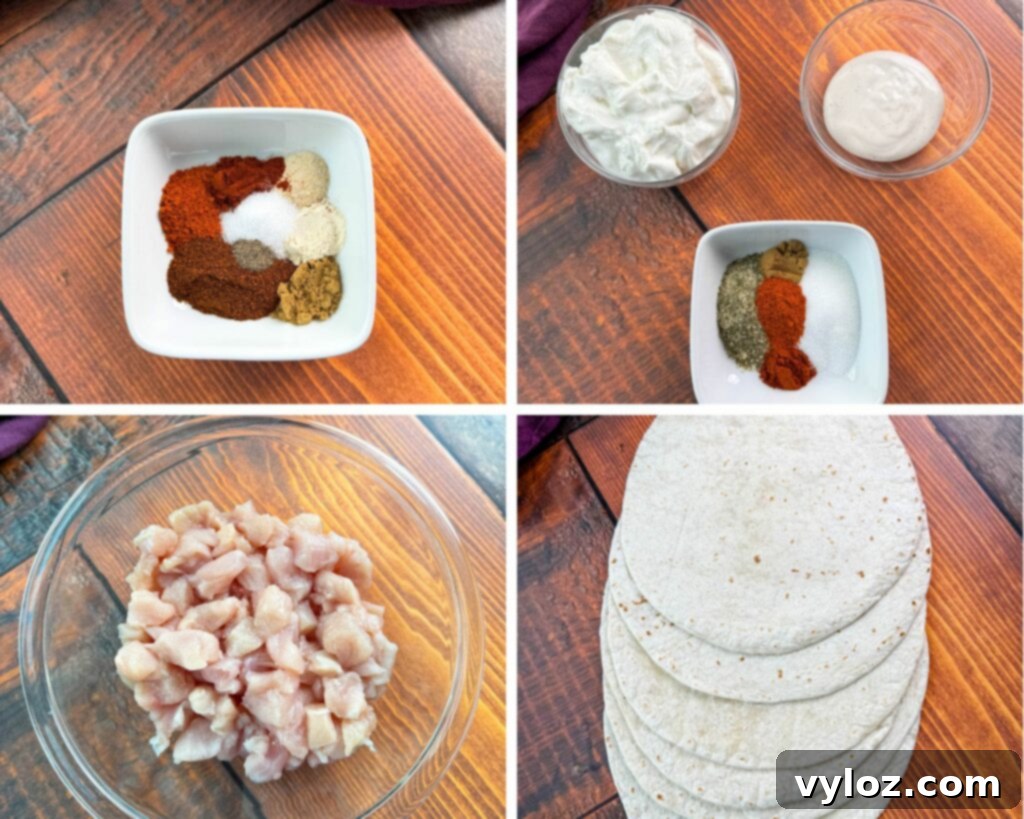 Ultimate Creamy Protein Chicken Burrito 4 Collage of ingredients for high-protein chicken burritos: taco seasoning, Greek yogurt, ranch dressing, ranch seasoning, diced raw chicken breasts, and flour tortillas