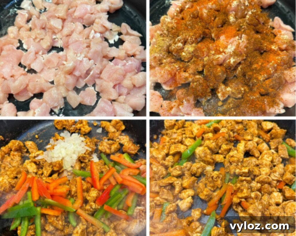 Ultimate Creamy Protein Chicken Burrito 5 Collage of chicken, taco seasoning, and bell peppers cooking in a skillet
