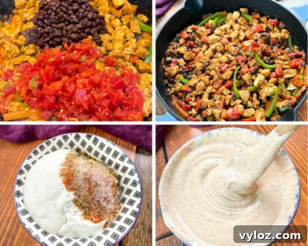 Ultimate Creamy Protein Chicken Burrito 6 Collage of chicken burrito filling in a pan and homemade ranch taco seasoning in a bowl, ready for assembly