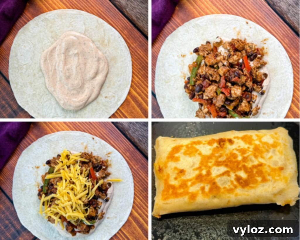 Ultimate Creamy Protein Chicken Burrito 7 Collage of a burrito being assembled with taco sauce, chicken, and cheese