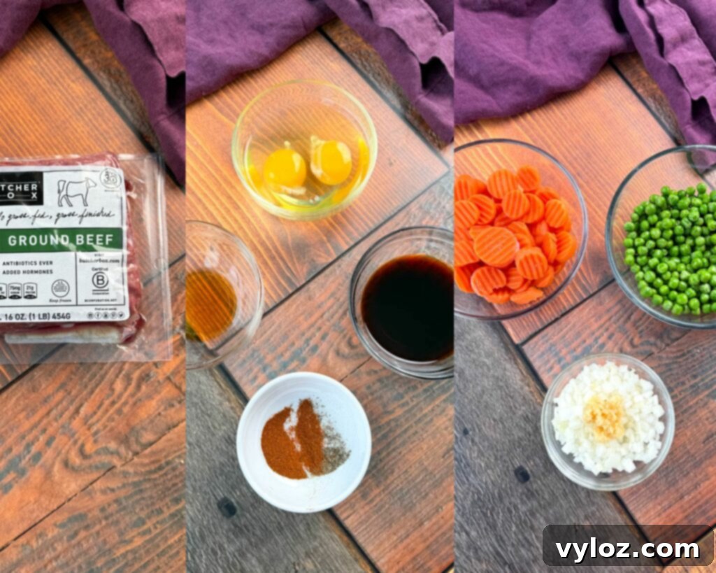 Raw ingredients for ground beef fried rice, including ground beef, eggs, soy sauce, sesame oil, spices, carrots, peas, diced onions, and garlic, arranged in separate small bowls.