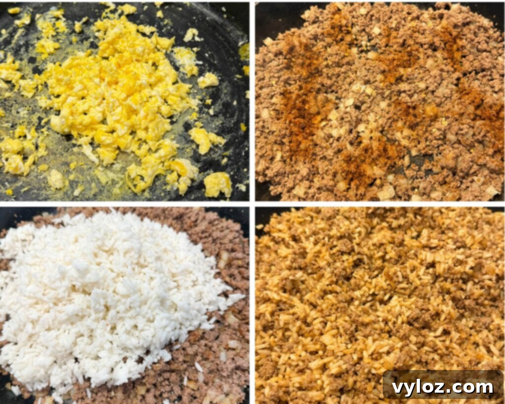 A collage of four photos showing the progression of cooking beef fried rice in a skillet with eggs, peas, and carrots.