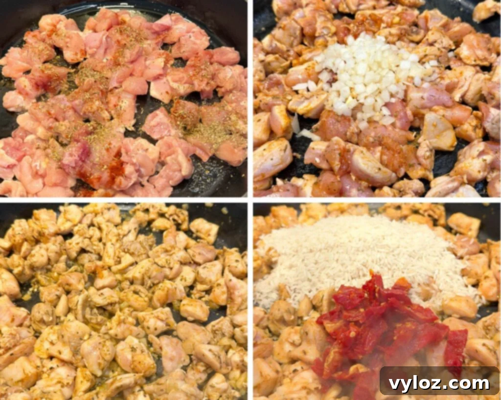 collage of 4 photos with diced seasoned chicken, diced onions, garlic, sundried tomatoes, and rice in a skillet