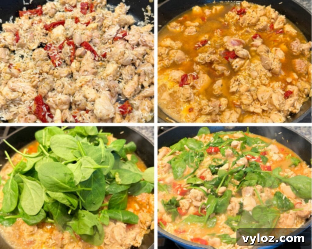 collage of 4 photos with uncooked marry me chicken and rice in a skillet