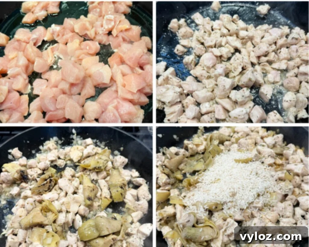 collage of 4 photos with raw chicken breasts and artichokes in a cast iron skillet