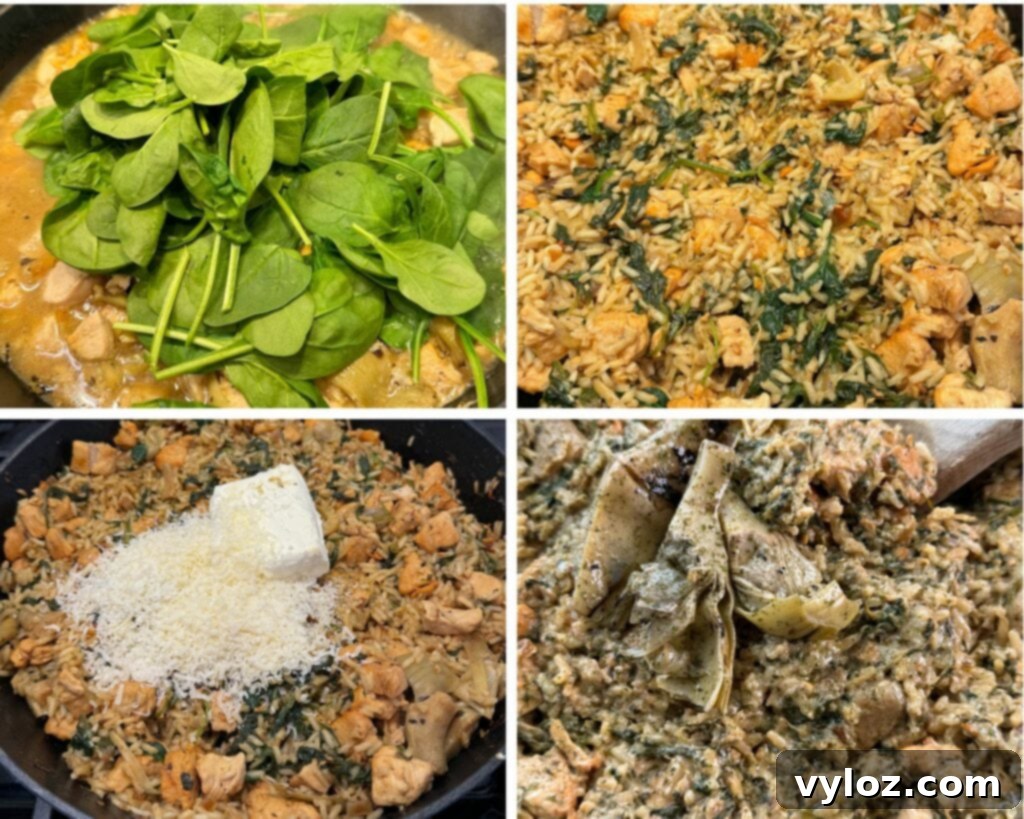 collage of 4 photos with spinach, artichokes, and chicken in a cast iron skillet