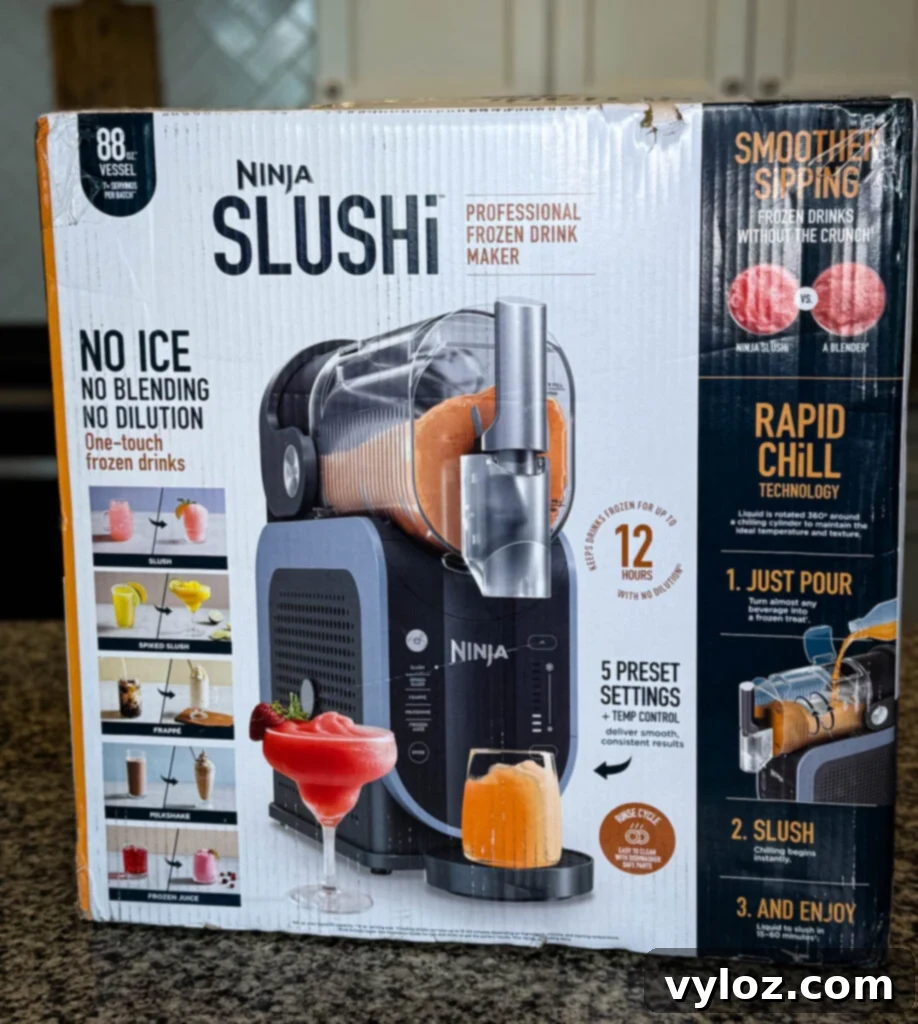 Retail Packaging of the Ninja SLUSHi Machine – The product box highlights key features such as "No Ice, No Blending, No Dilution", 5 preset settings, and Rapid Chill Technology.