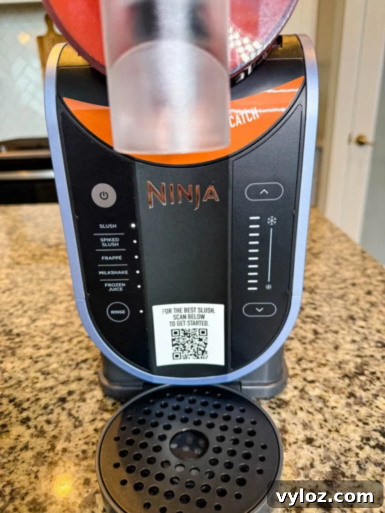 Front Panel of the Ninja SLUSHi Machine – A close-up of the control panel displaying five preset drink options: Slush, Spiked Slush, Frappé, Milkshake, and Frozen Juice, along with a power button and a rinse cycle function.