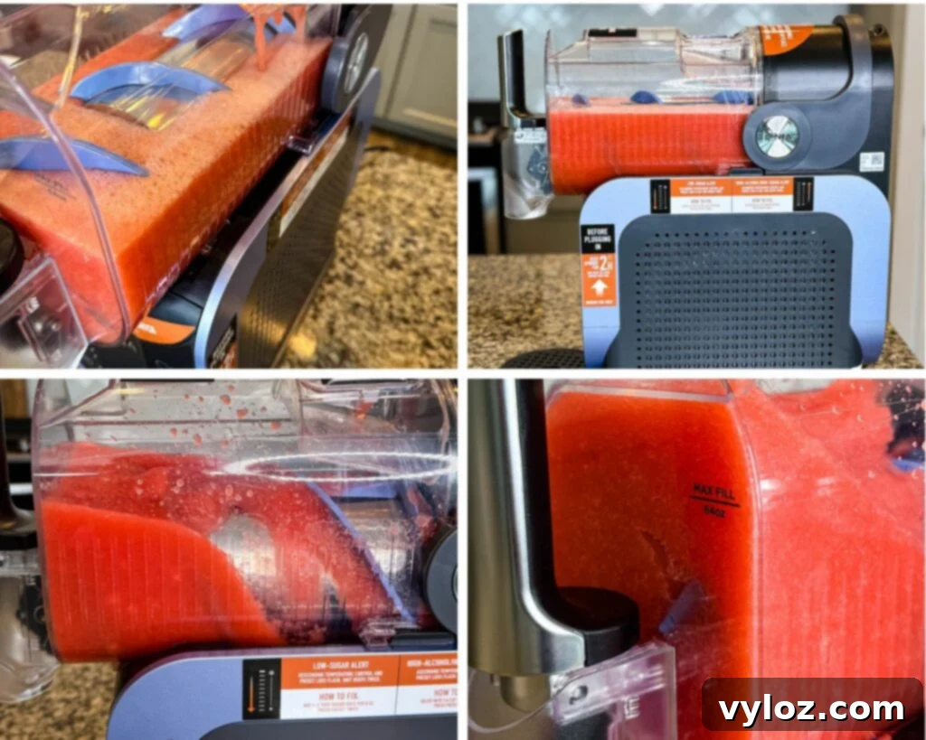 A close-up of the slushie inside the Ninja SLUSHi machine, showing its bright red color and icy texture, The machine working to freeze and churn the strawberry lemonade mixture, with clear markings for sugar and alcohol adjustments, Freshly blended strawberry lemonade being poured into the Ninja SLUSHi Machine’s chamber, and a foamy, light pink strawberry lemonade mix in a Blendtec pitcher, ready for freezing.