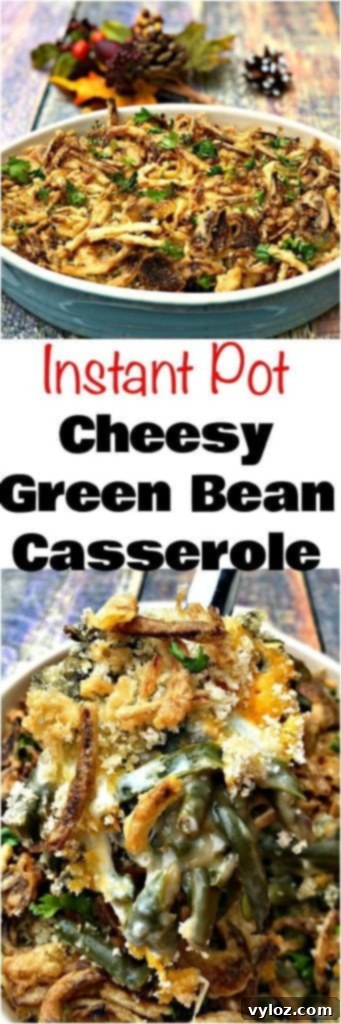 Close-up of Instant Pot green bean casserole with melted cheese and crispy onions on top.